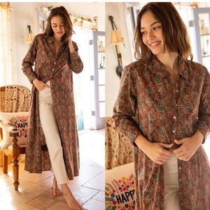 Natural Life Drew Cotton Button Down Rusty Floral Boho Shirt Dress
